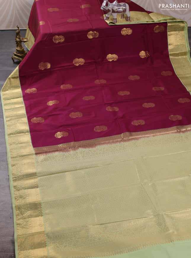Bangalori silk saree deep maroon and pista green with zari woven buttas and zari woven border