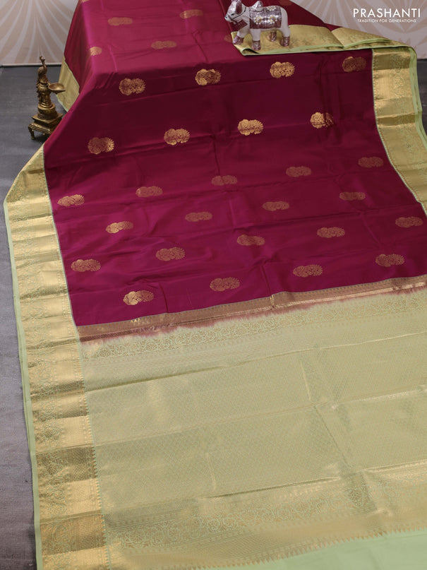 Bangalori silk saree deep maroon and pista green with zari woven buttas and zari woven border