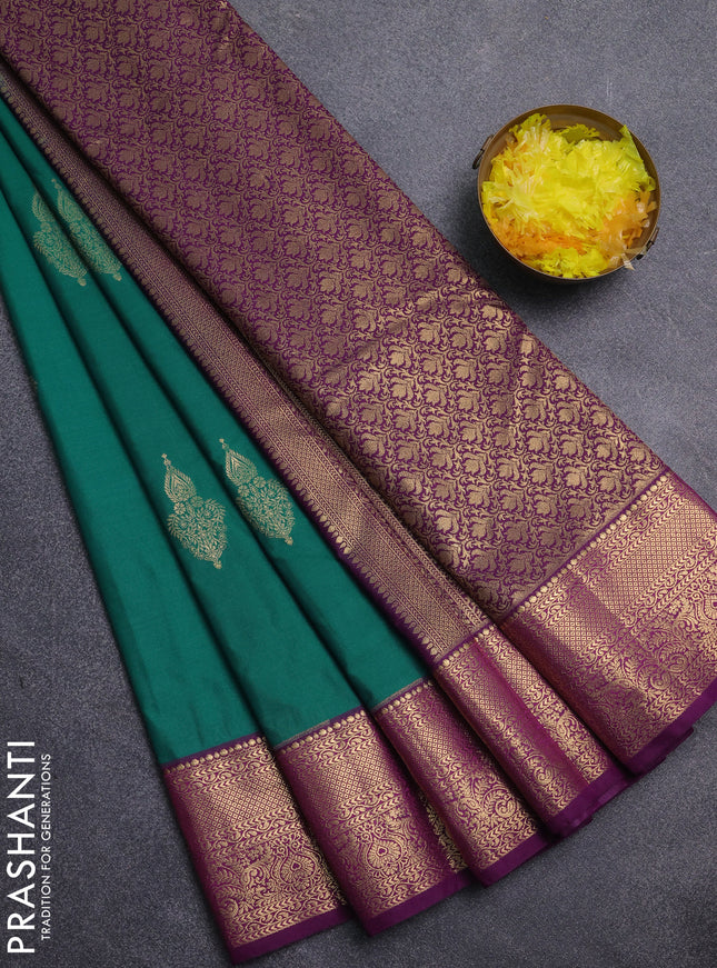 Bangalori silk saree teal green and purple with zari woven buttas and zari woven border