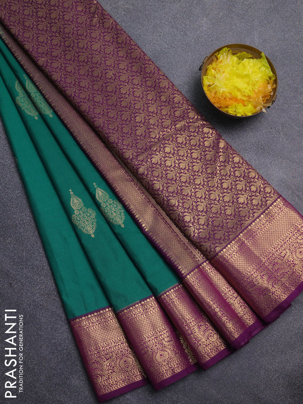 Bangalori silk saree teal green and purple with zari woven buttas and zari woven border