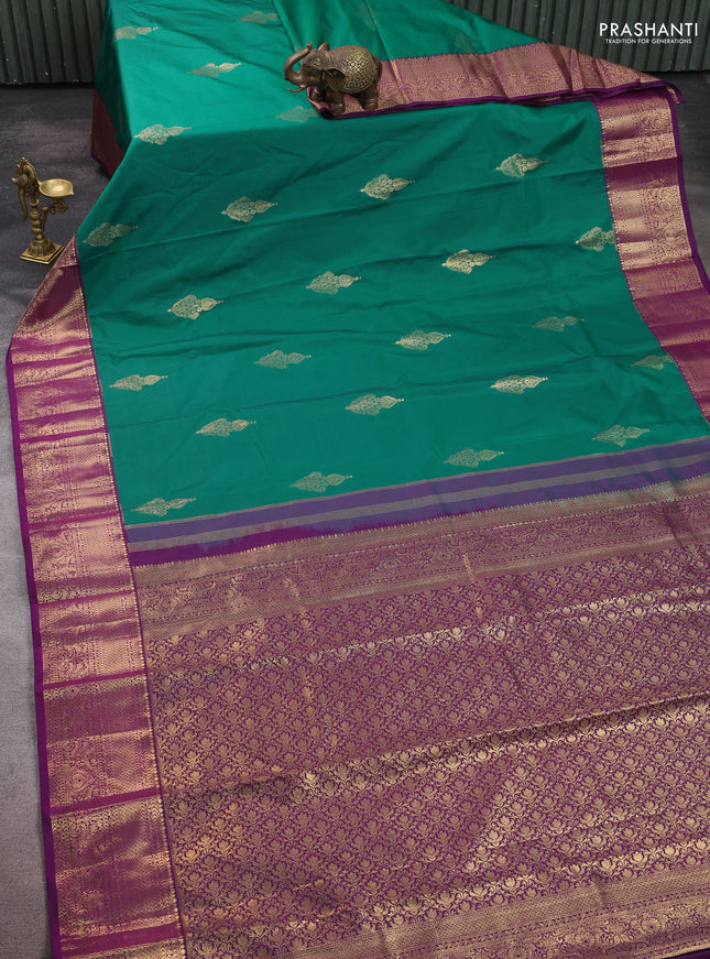 Bangalori silk saree teal green and purple with zari woven buttas and zari woven border