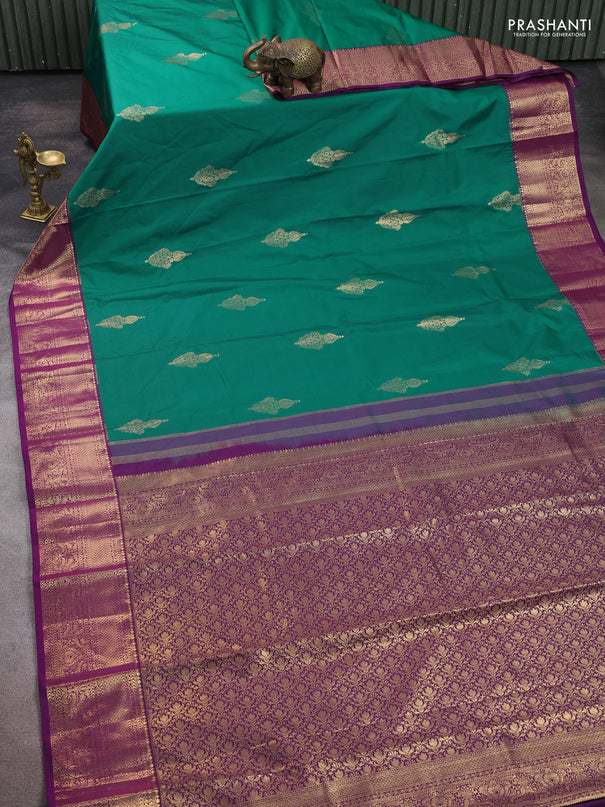 Bangalori silk saree teal green and purple with zari woven buttas and zari woven border