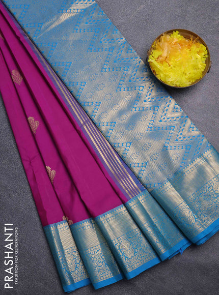 Bangalori silk saree purple and cs blue with zari woven buttas and zari woven border