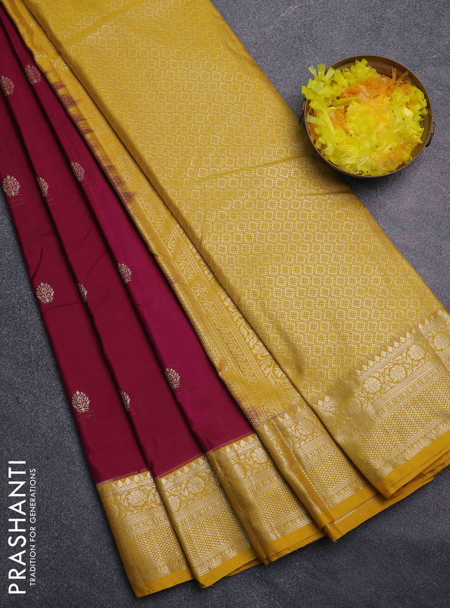 Bangalori silk saree deep purple and yellow with zari woven buttas and zari woven border