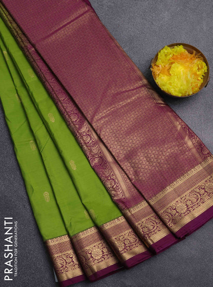 Bangalori silk saree light green and purple with zari woven buttas and zari woven border