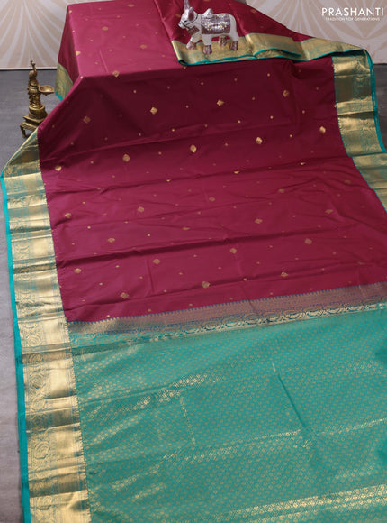 Bangalori silk saree deep maroon and teal blue with zari woven buttas and zari woven border
