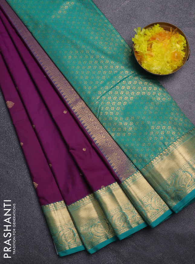 Bangalori silk saree purple and teal green with zari woven buttas and zari woven border