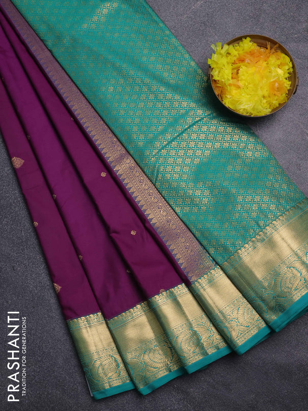 Bangalori silk saree purple and teal green with zari woven buttas and zari woven border