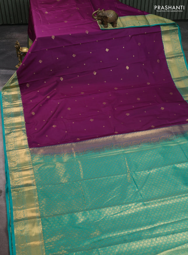Bangalori silk saree purple and teal green with zari woven buttas and zari woven border
