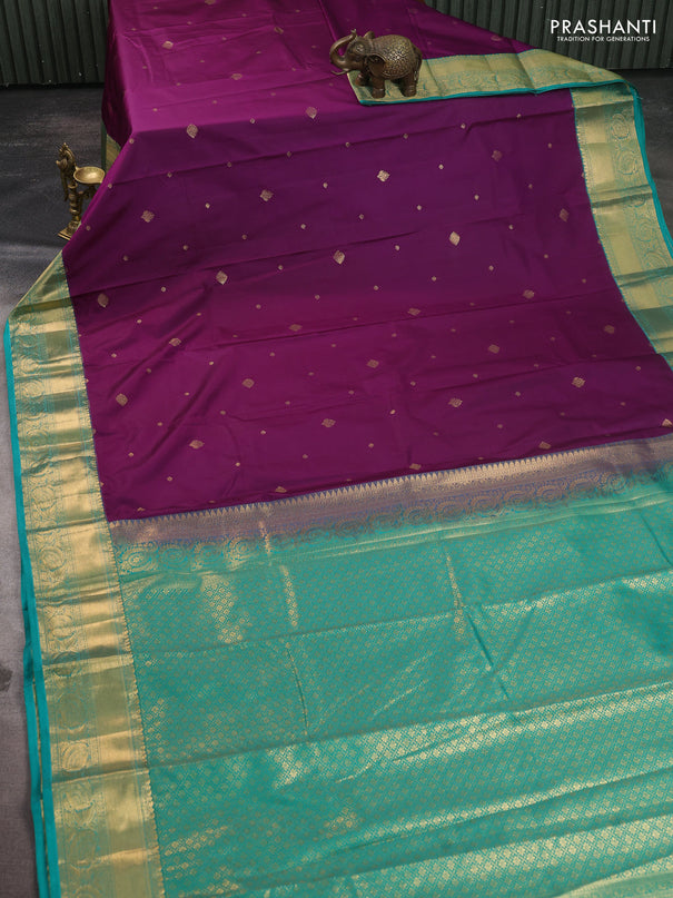 Bangalori silk saree purple and teal green with zari woven buttas and zari woven border