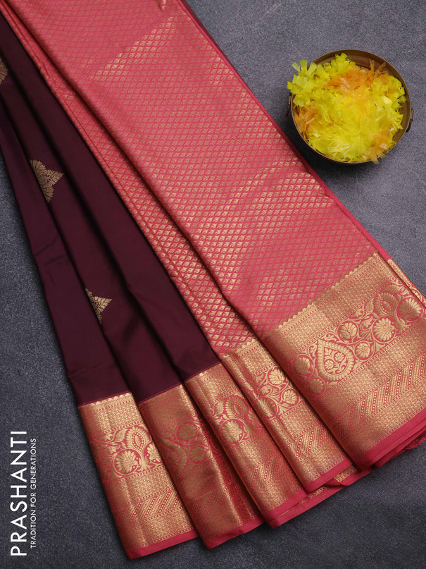 Bangalori silk saree coffee brown and pink with zari woven buttas and zari woven border