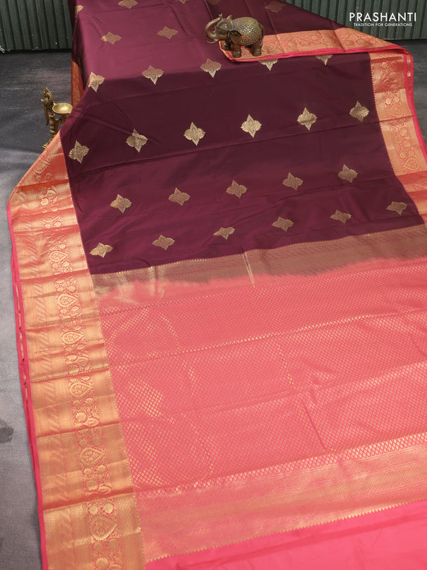 Bangalori silk saree coffee brown and pink with zari woven buttas and zari woven border