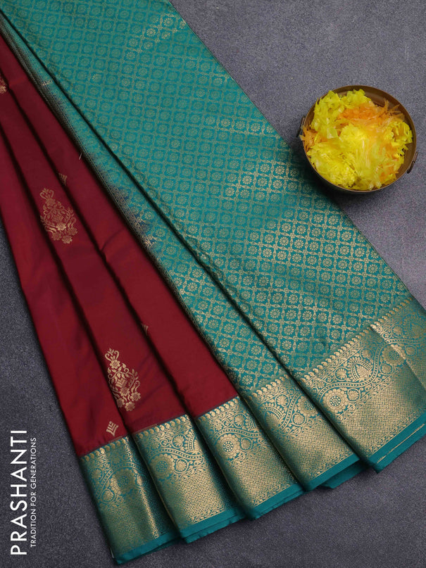 Bangalori silk saree deep maroon and teal green with zari woven buttas and zari woven border