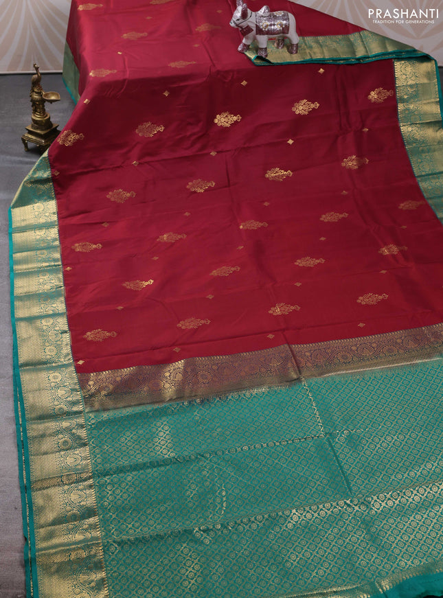 Bangalori silk saree deep maroon and teal green with zari woven buttas and zari woven border