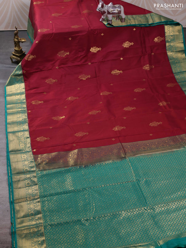 Bangalori silk saree deep maroon and teal green with zari woven buttas and zari woven border