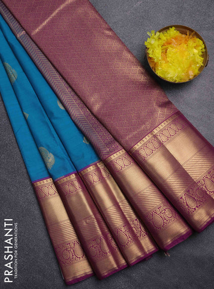 Bangalori silk saree teal blue and purple with zari woven buttas and long zari woven border