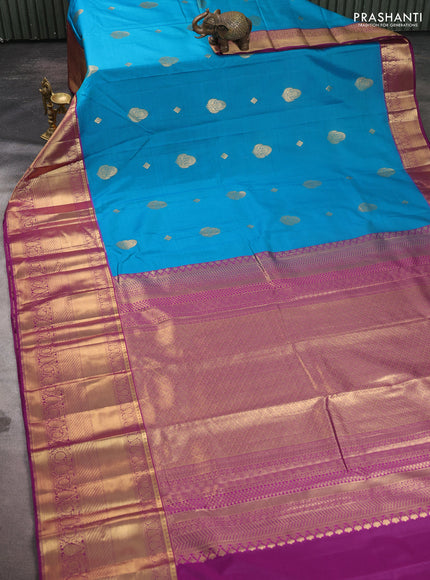Bangalori silk saree teal blue and purple with zari woven buttas and long zari woven border