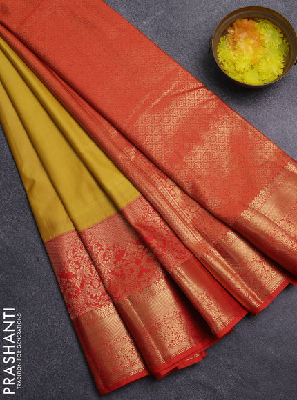 Bangalori silk saree yellow and orange with zari woven buttas and long zari woven border