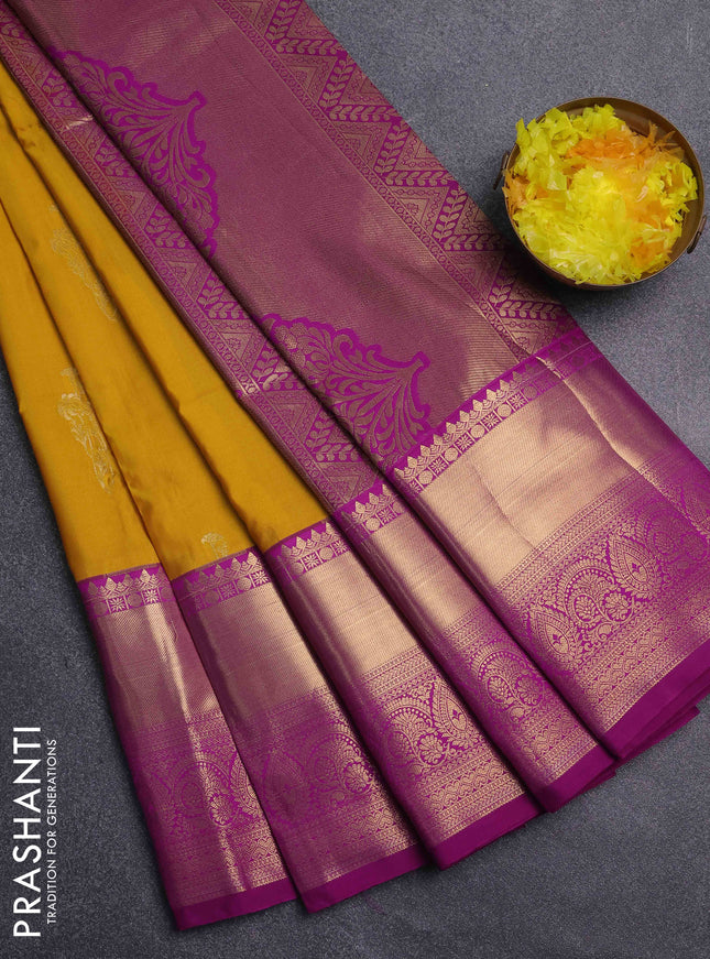 Bangalori silk saree yellow and purple with zari woven buttas and long zari woven border