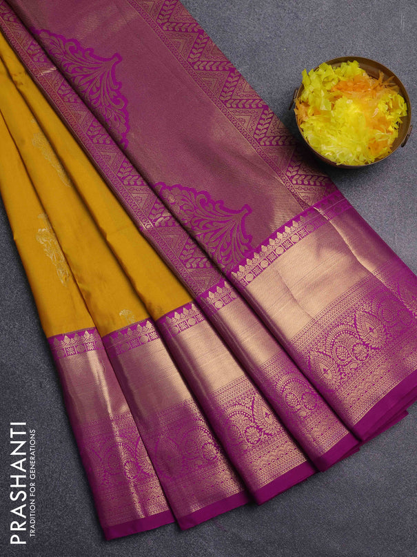 Bangalori silk saree yellow and purple with zari woven buttas and long zari woven border