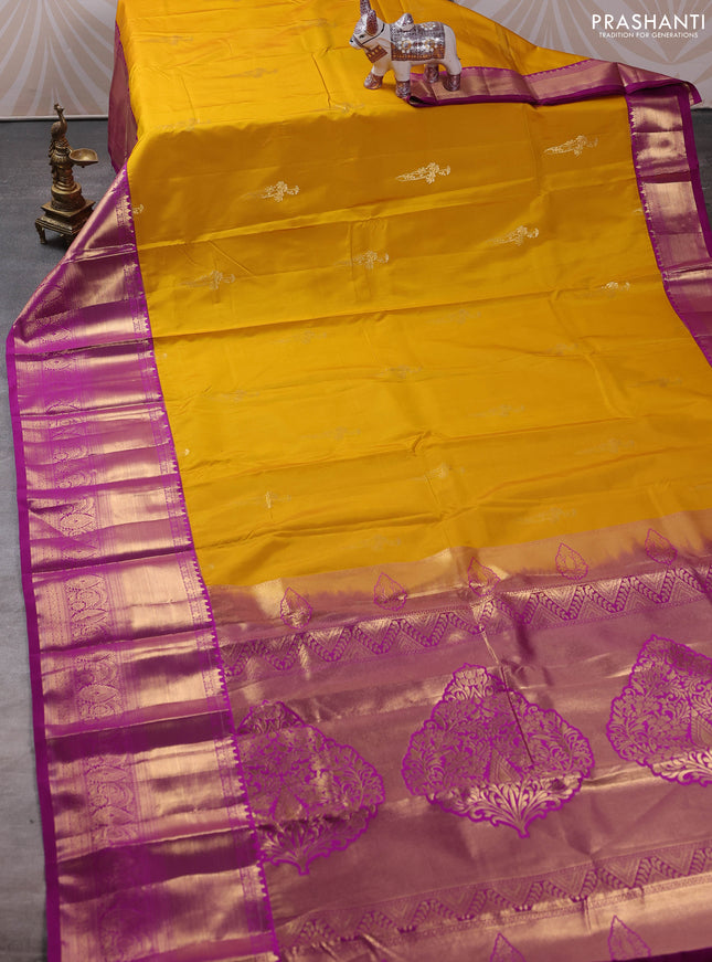 Bangalori silk saree yellow and purple with zari woven buttas and long zari woven border
