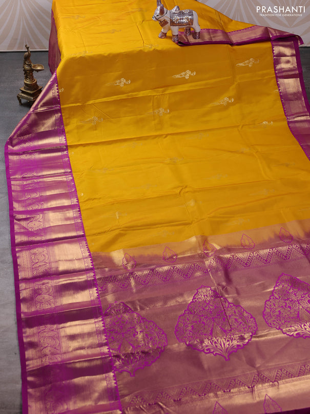 Bangalori silk saree yellow and purple with zari woven buttas and long zari woven border