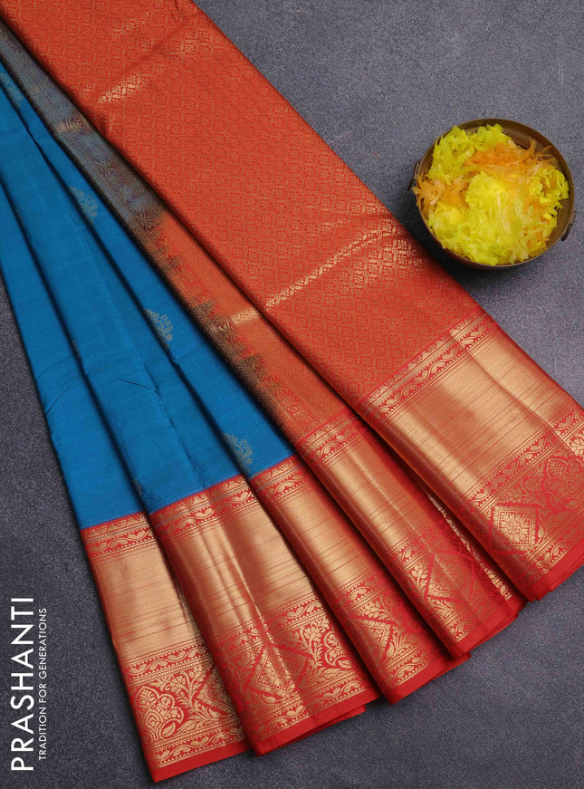 Bangalori silk saree teal blue and red with zari woven buttas and long zari woven border