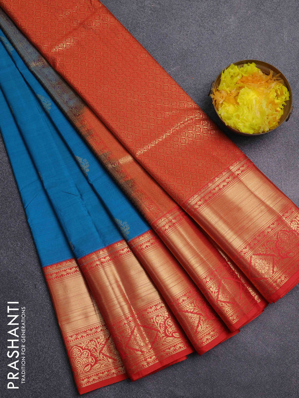 Bangalori silk saree teal blue and red with zari woven buttas and long zari woven border
