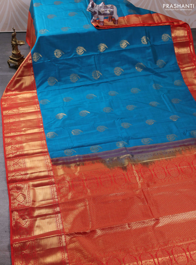 Bangalori silk saree teal blue and red with zari woven buttas and long zari woven border