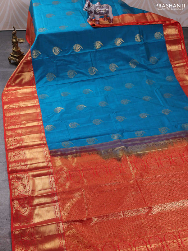 Bangalori silk saree teal blue and red with zari woven buttas and long zari woven border