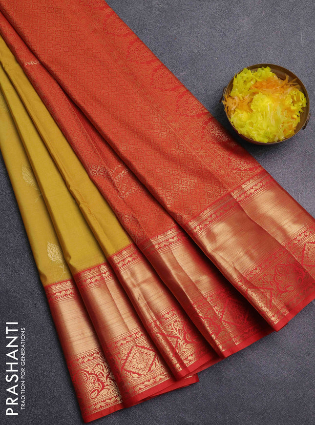 Bangalori silk saree yellow and red with zari woven buttas and long zari woven border
