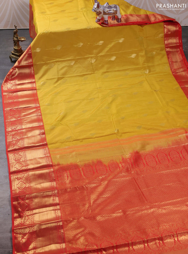 Bangalori silk saree yellow and red with zari woven buttas and long zari woven border
