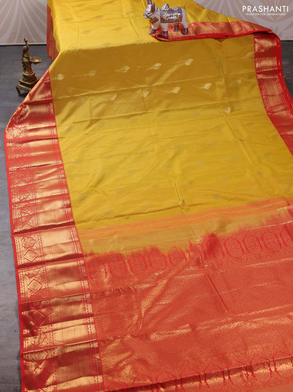 Bangalori silk saree yellow and red with zari woven buttas and long zari woven border