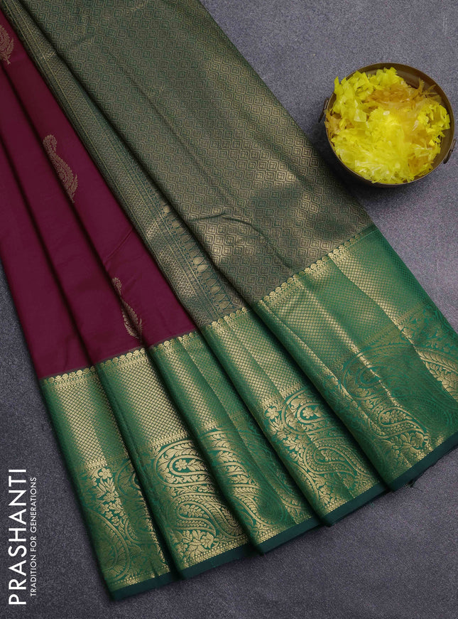 Bangalori silk saree wine shade and bottle green with zari woven buttas and long zari woven border