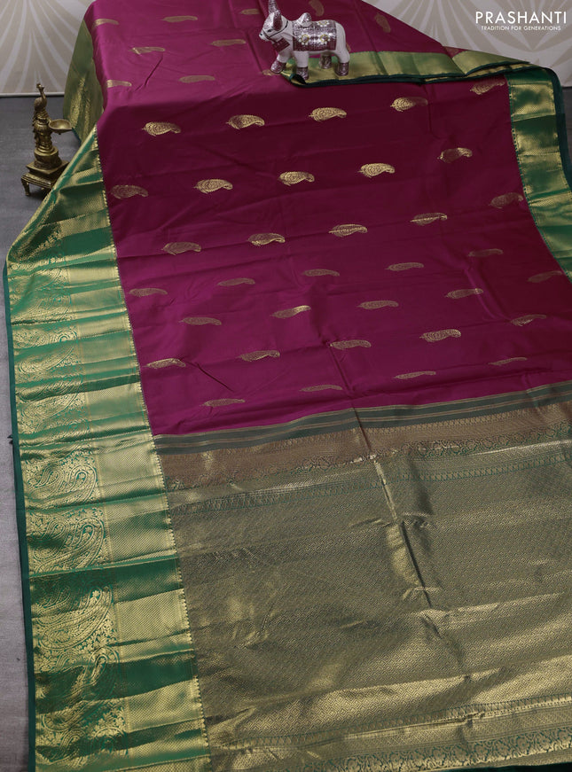 Bangalori silk saree wine shade and bottle green with zari woven buttas and long zari woven border
