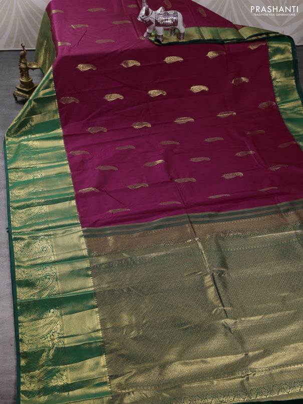 Bangalori silk saree wine shade and bottle green with zari woven buttas and long zari woven border