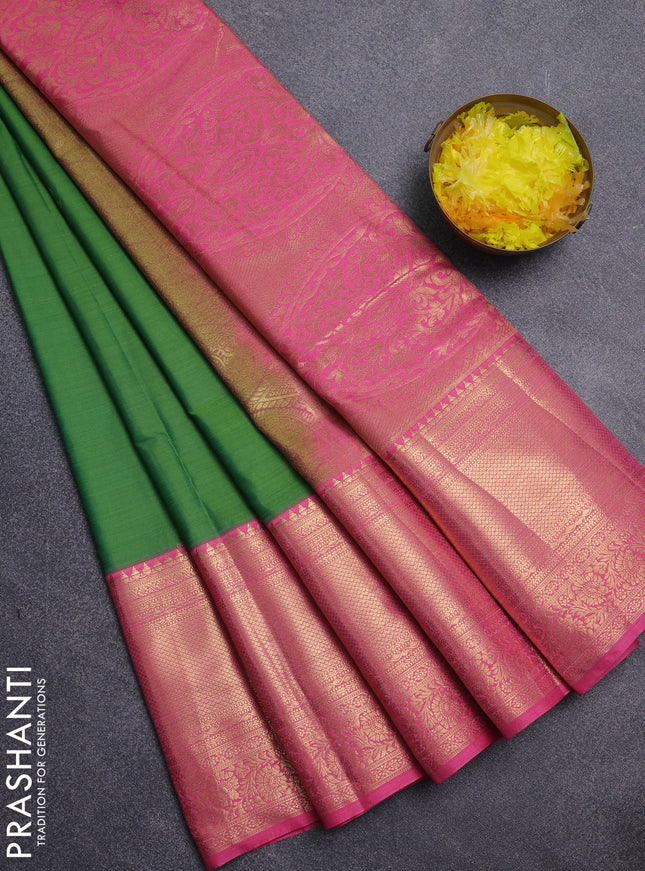 Bangalori silk saree green shade and peach pink with zari woven buttas and long zari woven border