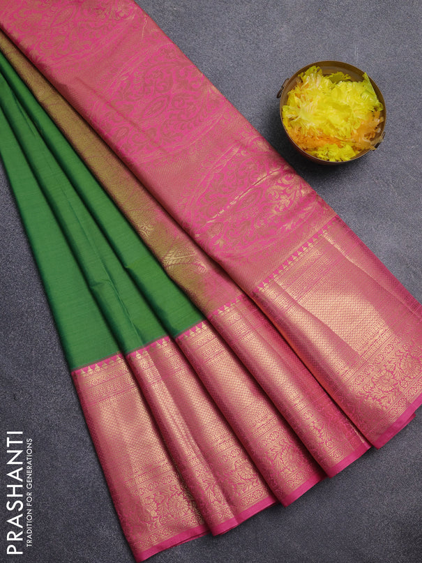 Bangalori silk saree green shade and peach pink with zari woven buttas and long zari woven border