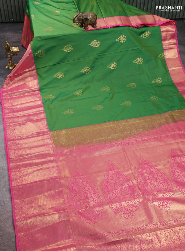Bangalori silk saree green shade and peach pink with zari woven buttas and long zari woven border