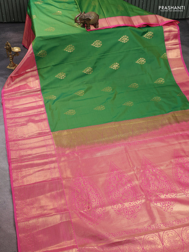 Bangalori silk saree green shade and peach pink with zari woven buttas and long zari woven border