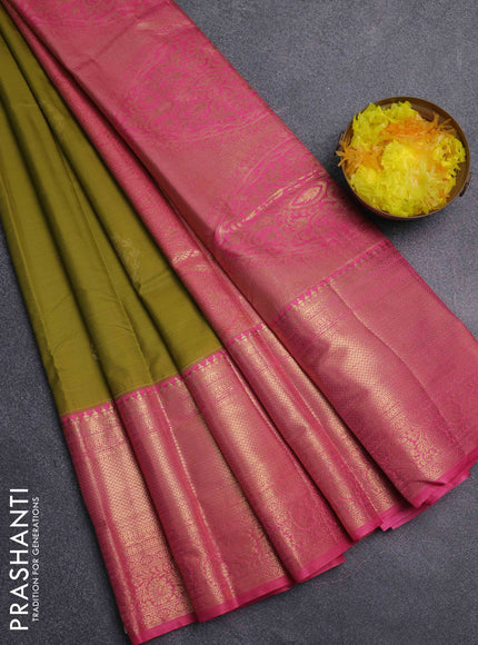 Bangalori silk saree mehendi green and peach pink with zari woven buttas and long zari woven border