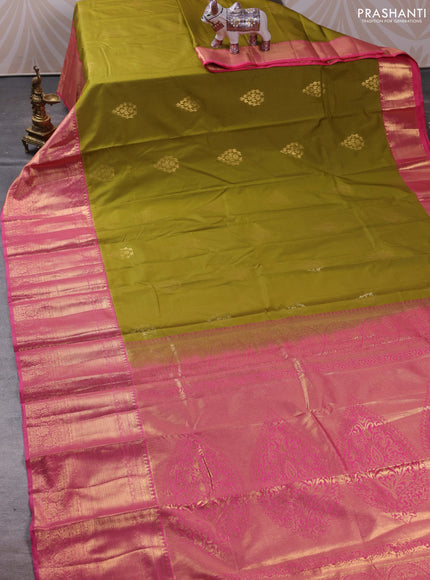 Bangalori silk saree mehendi green and peach pink with zari woven buttas and long zari woven border