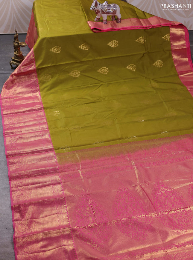 Bangalori silk saree mehendi green and peach pink with zari woven buttas and long zari woven border