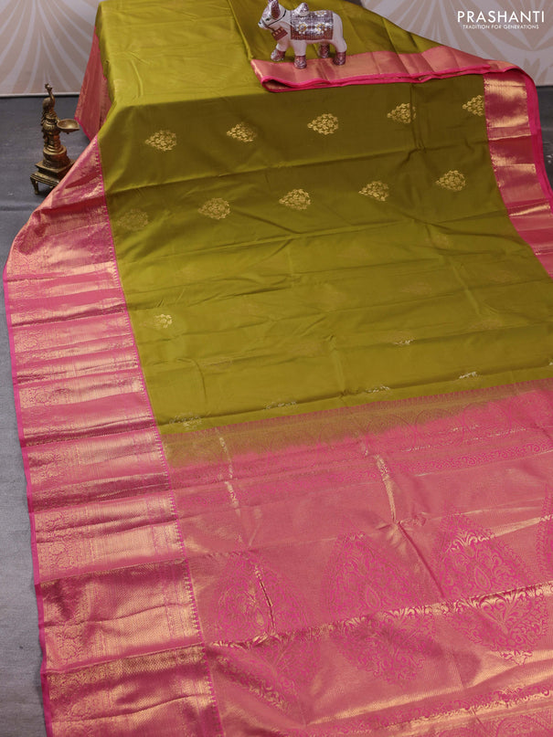 Bangalori silk saree mehendi green and peach pink with zari woven buttas and long zari woven border