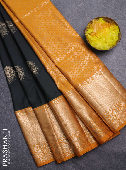 Bangalori silk saree black and mustard yellow with zari woven buttas and long zari woven border