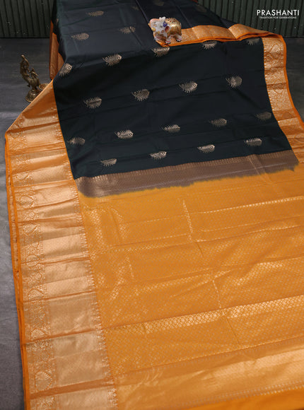 Bangalori silk saree black and mustard yellow with zari woven buttas and long zari woven border