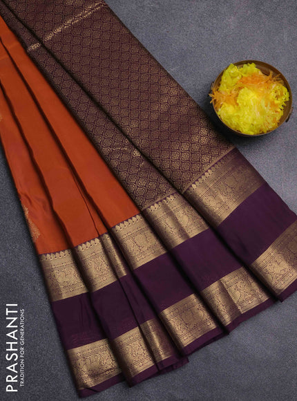 Bangalori silk saree rust shade and purple with zari woven buttas and long rettapet zari woven border