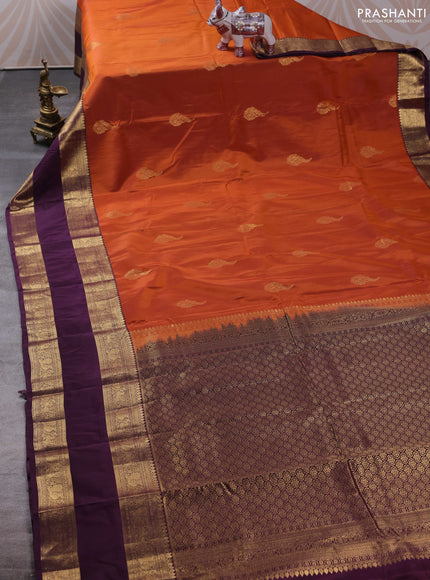 Bangalori silk saree rust shade and purple with zari woven buttas and long rettapet zari woven border