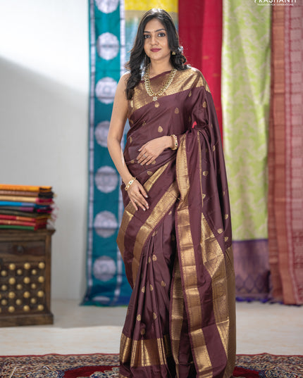 Bangalori silk saree coffee brown with zari woven buttas and long rettapet zari woven border