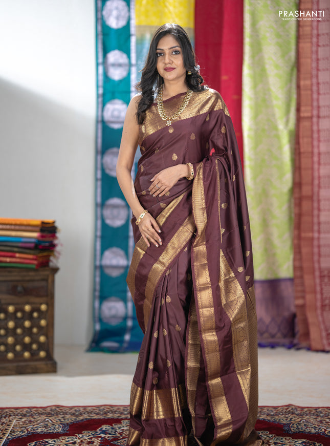 Bangalori silk saree coffee brown with zari woven buttas and long rettapet zari woven border